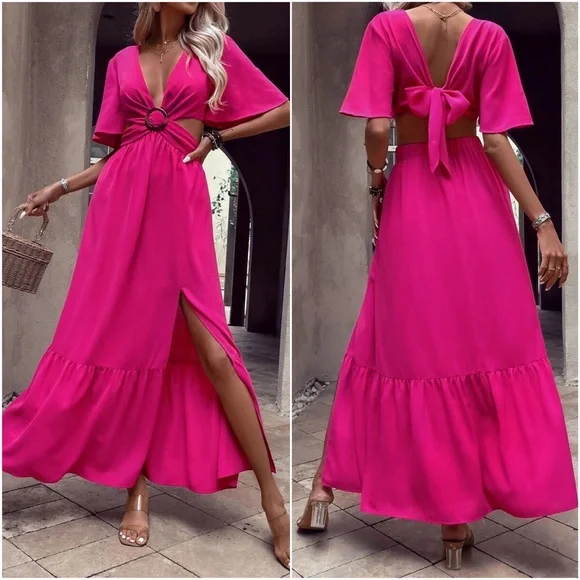 Plunging Neck cut out butterfly Sleeve Maxi Dress - Picture 7 of 9